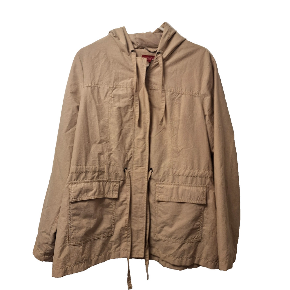 Merona Jacket Mens 2XL XXL Beige Full Zip Lined Front Pockets Big Outdoor Hood